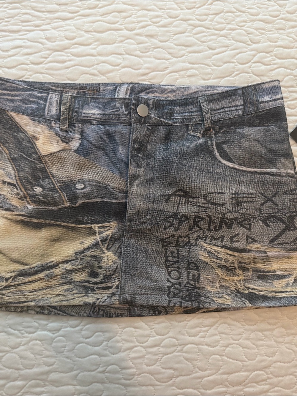 Distressed Grey Denim-Print Mini Skirt